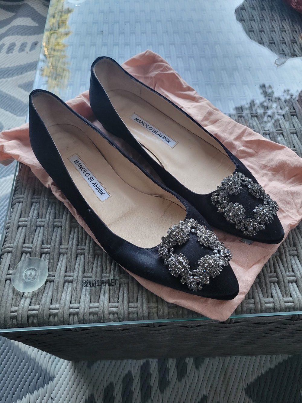 Manolo Blahnik Black Satin Pointed Toe Flats with Crystal Buckle Size 35 1/2